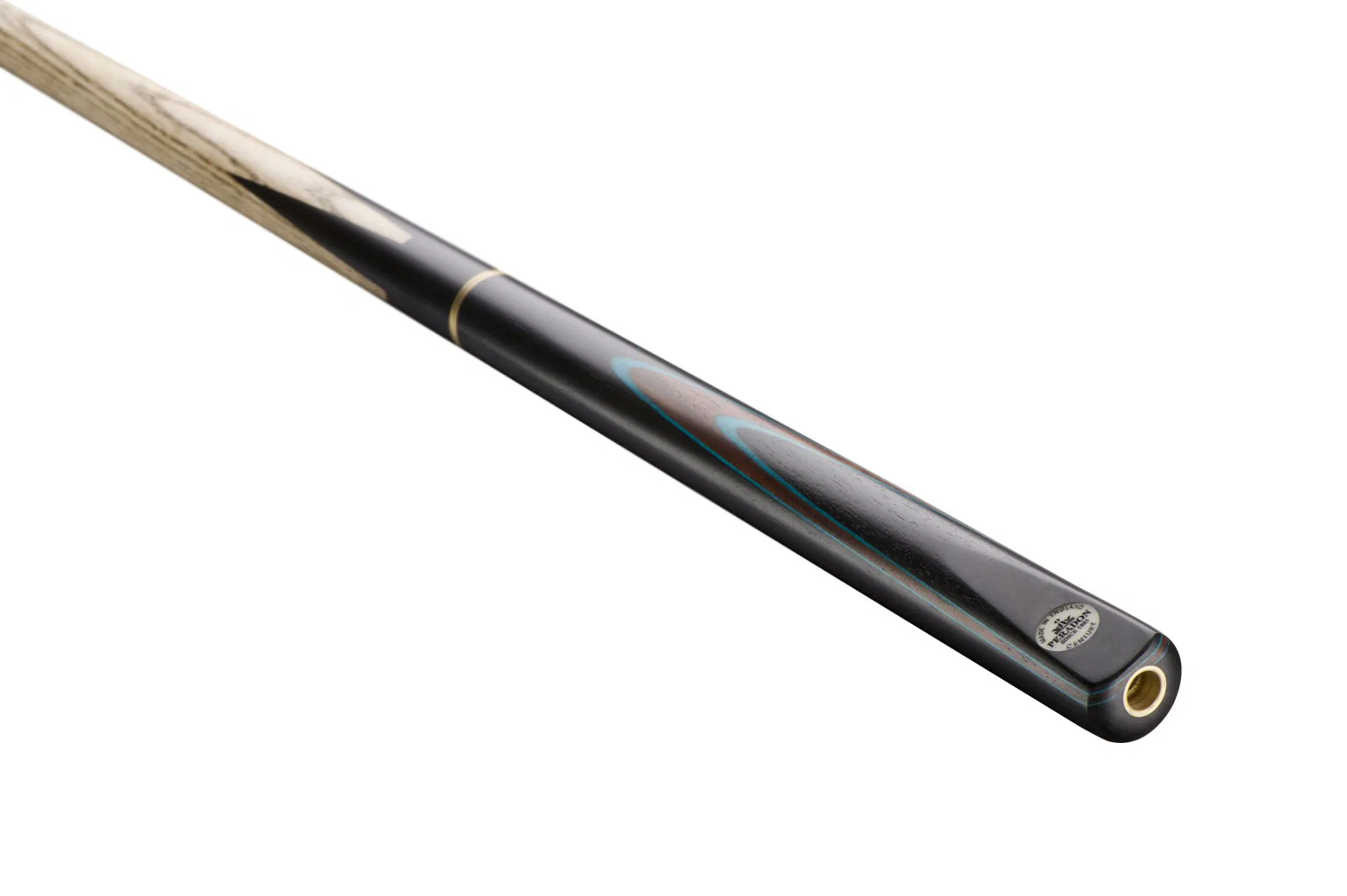 Peradon Century showing its ash shaft, machine-spliced ebony butt and light-blue veneers